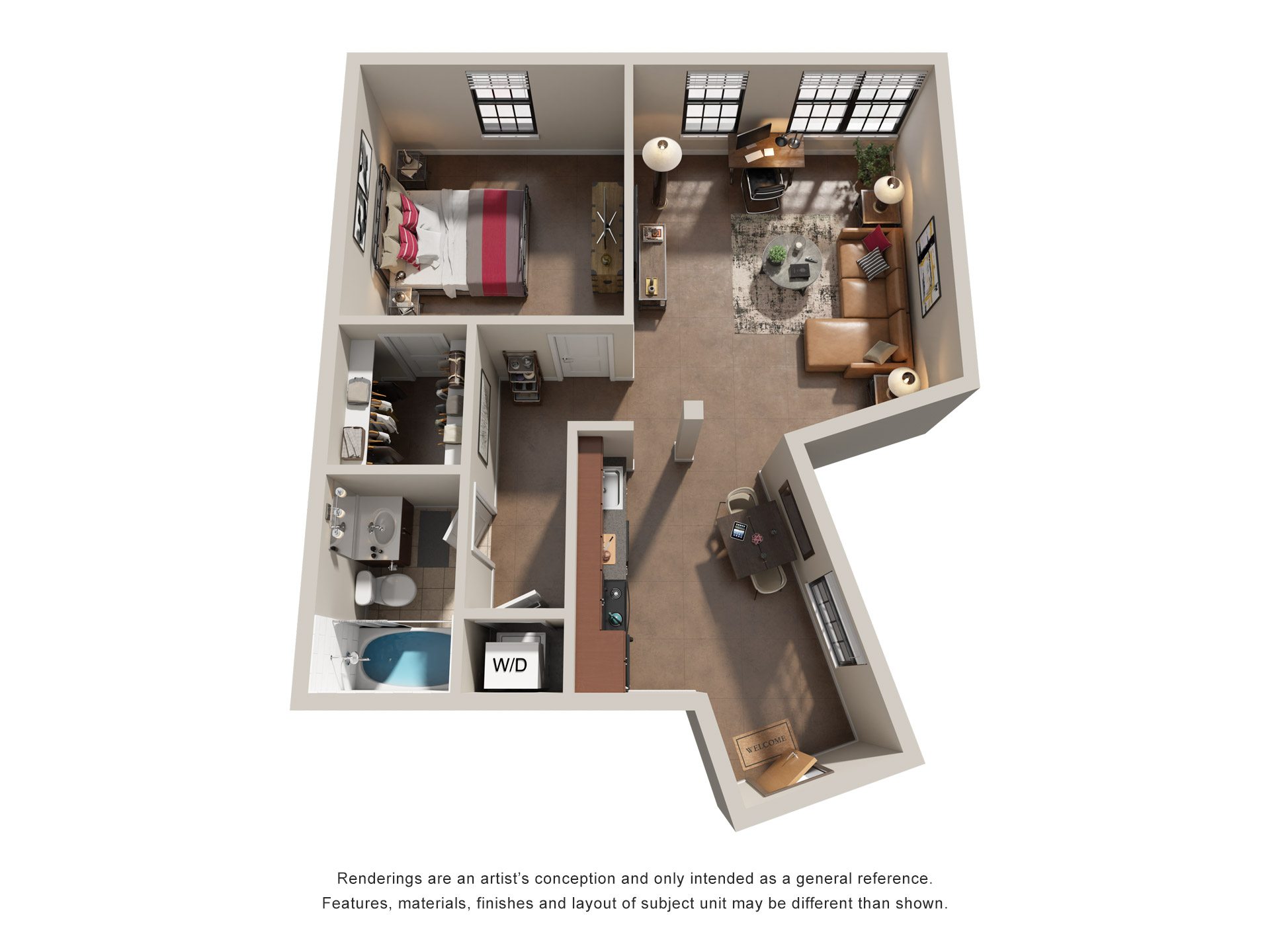 Floor plan for 1 bed, 1 bath, 690 sqft